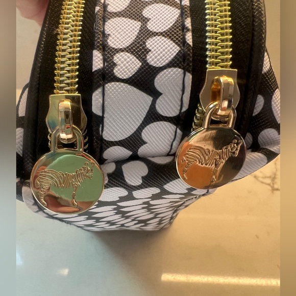 Dabney Lee Double Zipper Pouch Black White Hearts Gold Pull Cosmetic Travel - Picture 4 of 9